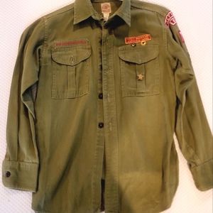 Vintage Boy Scout uniform shirt with patches and pins